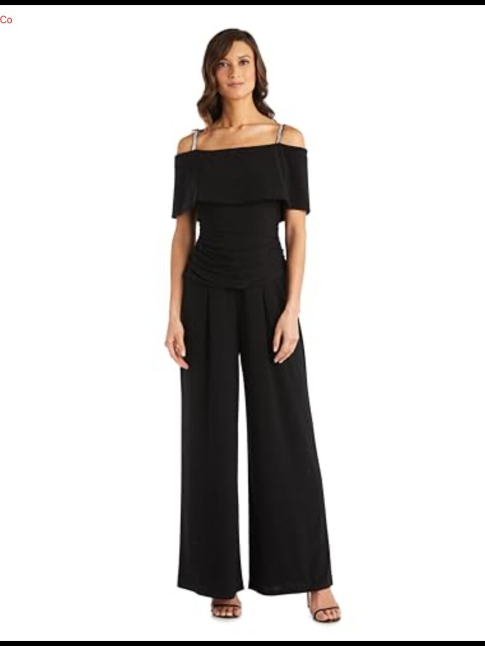 Off-the-Shoulder Ruched Bodice Jumpsuit Rhinestone Wide Leg